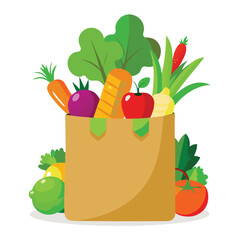 Grocery Bag Filled with Fresh Produce: Colorful Vector Illustration of Healthy Fruits & Vegetables for Food Blog or Recipe Site