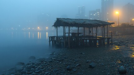 Misty Harbor Nightscape: Solitary Gazebo by the Foggy Waterfront