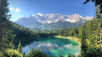 Breathtaking Alpine Lake with Pine Trees