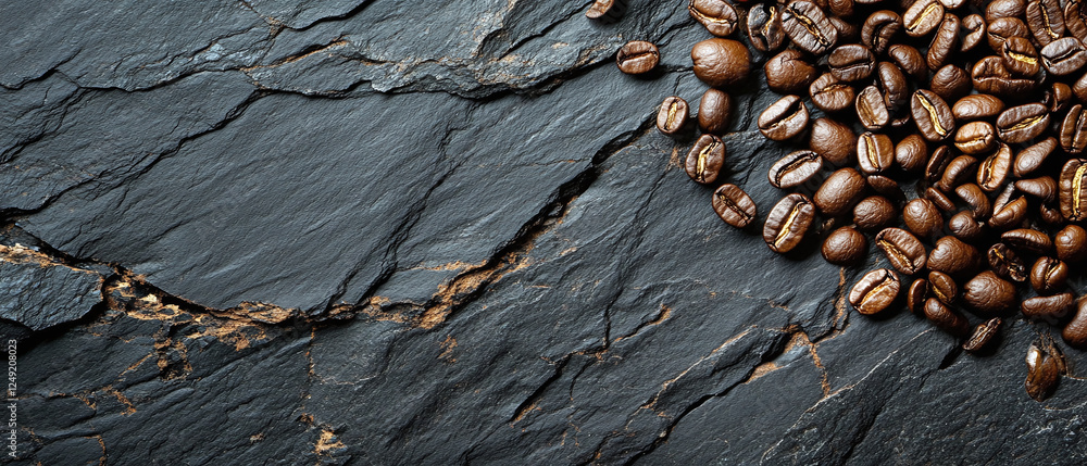 Poster coffee beans close-up are located on the surface of a dark stone, top view. the grains are located o