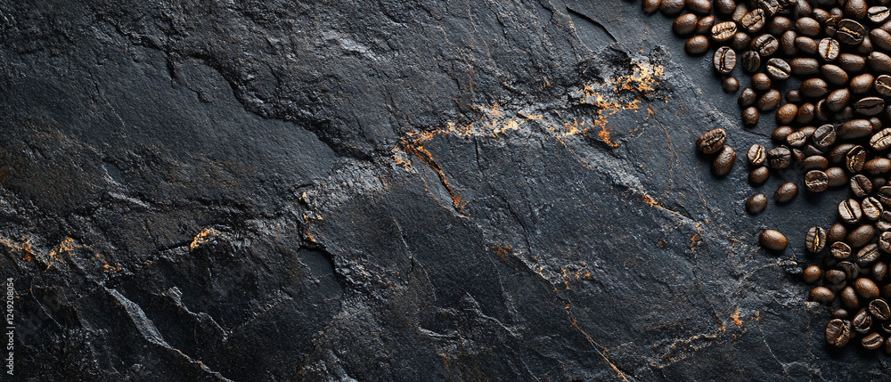 Poster coffee beans close-up are located on the surface of a dark stone, top view. the grains are located o