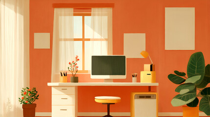 A bright and modern workspace featuring a desk with a computer, plants, and a vibrant orange wall. Ideal for showcasing productivity and creativity in a cozy environment.