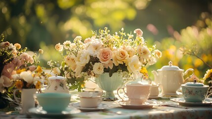 A garden tea party with vintage china, pastel dresses, and floral arrangements in the soft afternoon light