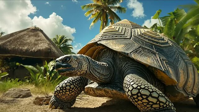 Giant Tortoise in Tropical Paradise:  A massive giant tortoise with a textured shell roams amidst the lush greenery of a tropical paradise, creating a scene of tranquility and ancient wisdom.