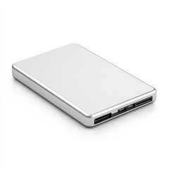 Modern sleek silver power bank for charging devices, portable battery pack for electronic gadgets, isolated on white background