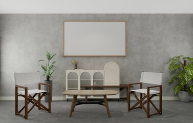 Modern minimalist living room interior with empty canvas artwork, foldable chairs, and coffee table
