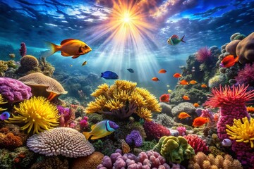 Obraz premium Vibrant Panoramic Reef: Underwater Paradise of Colorful Marine Life