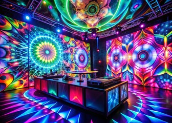 Fototapeta premium Vibrant Party DJ Booth with Kaleidoscopic Lighting Effects