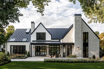Beautiful modern home with striking exterior design featuring stone and metal accents located in a serene neighborhood with vibrant landscaping under a partly cloudy sky