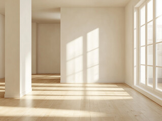 Fototapeta premium A bright, empty room with wooden floors, large windows, and sunlight streaming in, creating shadows on the floor and walls. 