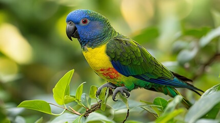 Fototapeta premium Vibrant Parrot Displaying Colorful Feathers While Perched Gracefully on a Branch Surrounded by Lush Green Foliage in a Tropical Environment Capturing the Essence of Wildlife Beauty