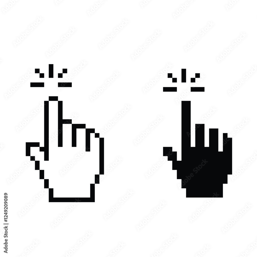 Poster pixel hand icon. vector pixel art cursor click 8 bit logo for game