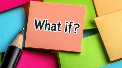 Challenge and change. Colorful sticky notes with a pencil, featuring the phrase "What if?" prominently displayed.