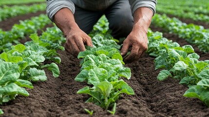 A Man Kneeling in a Lush Green Field of Lettuce Surrounded by Vibrant Nature Under Bright Blue Sky Evoking a Peaceful and Tranquil Atmosphere in a Rural Agricultural Setting