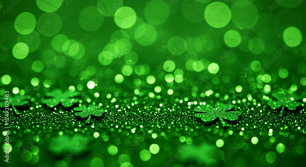 Poster clover leaves with shiny green background and bokeh effect creating a shimmering nature scene
