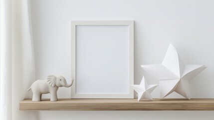 white picture frame hanging on a wooden shelf against a white wall. The frame is empty and is placed in the center of the shelf