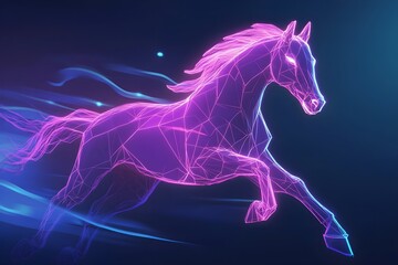 Dynamic horse in mid-gallop, depicted in a low-poly wireframe style