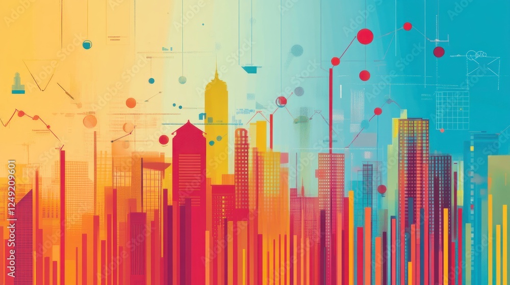 Aufkleber abstract cityscape with vibrant colors and data visualization elements.