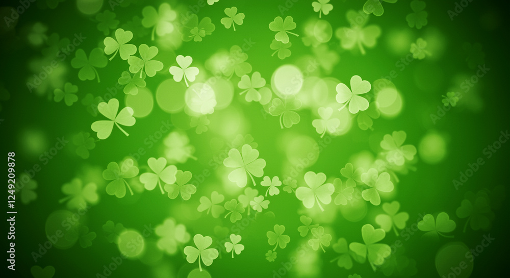 Poster clovers in a vibrant green background with soft bokeh effect and scattered leaves