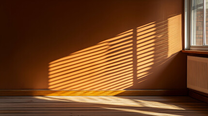 A serene indoor space with warm shadows cast by sunlight through the window, creating a cozy and inviting atmosphere perfect for relaxation and reflection.