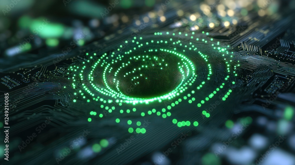 Aufkleber abstract close-up of a circuit board with glowing green spiral.
