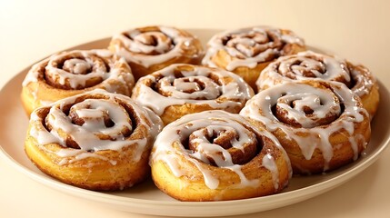 Fototapeta premium A plate of freshly baked cinnamon rolls with icing, set against a soft beige background,