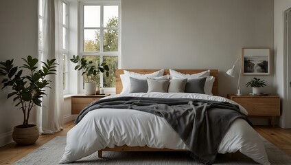 Obraz premium Cozy bedroom with white duvet, gray throw, natural wood furniture, soft lighting, and plants for a calming minimalist aesthetic