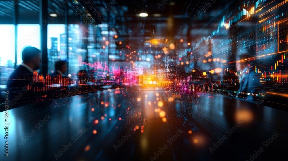 Poster dynamic cityscape with analytical data visualization and business professionals at work
