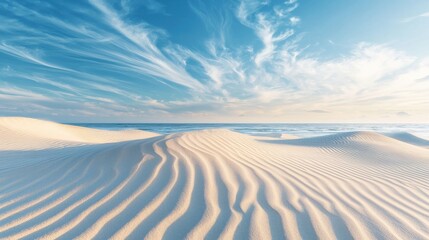 A serene landscape featuring undulating sand dunes under a blue sky with wispy clouds, creating a tranquil coastal atmosphere.