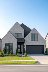 A contemporary residential home nestled within a charming suburban community, featuring an elegant facade and vibrant landscaping, all under a bright, sunny sky