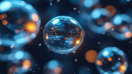 Abstract close-up of glowing, translucent spheres, floating in dark blue space with water droplets.