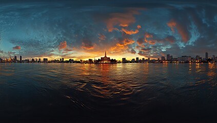Fototapeta premium A panoramic view of Bangkok's River at dusk, with the iconic Wat Arun temple glowing