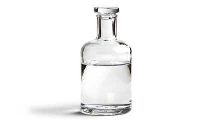 A transparent glass water bottle filled with pure water and tightly capped, on a completely white background, png style image