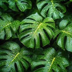 Fototapeta premium Lush green monstera leaves covered in raindrops, creating a vibrant natural scene