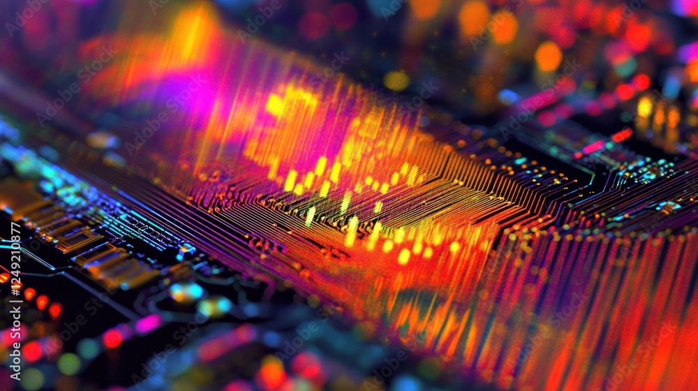 Poster abstract close-up of vibrant, colorful circuit board with glowing lines and patterns.