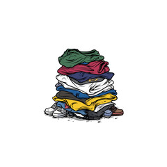 Colorful Stack of Folded T-Shirts and Clothing Items on Black Background