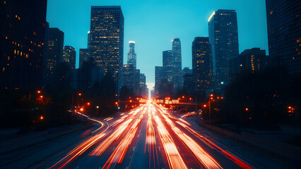Fototapeta premium Cityscape at Dusk with Light Trails
