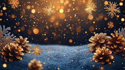 Christmas Winter Background with Dark Blue Sky and Golden Snowflakes Bokeh Lights