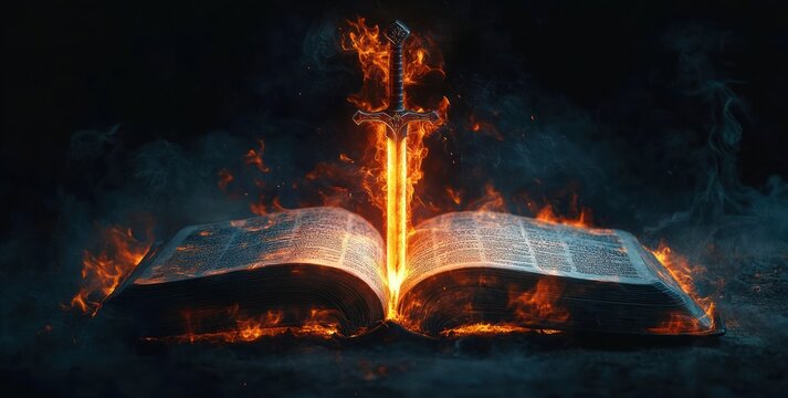Flaming Sword of the Spirit and Open Bible with Glowing Pages in Surrealism