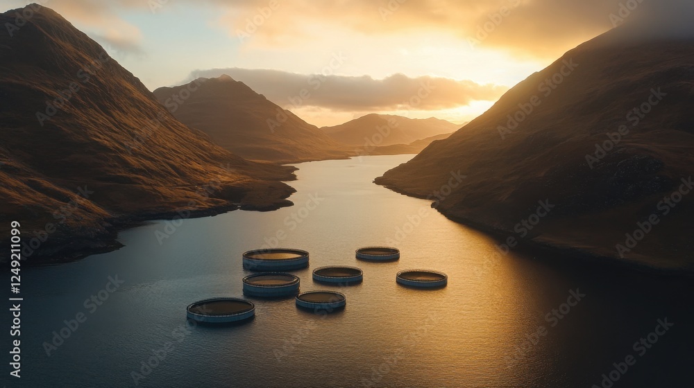 Poster serene sunset over a tranquil lake with circular structures amidst mountains and soft clouds