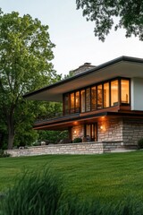 Contemporary architectural design seamlessly integrates with the serene natural environment of a peaceful residential neighborhood in the afternoon light