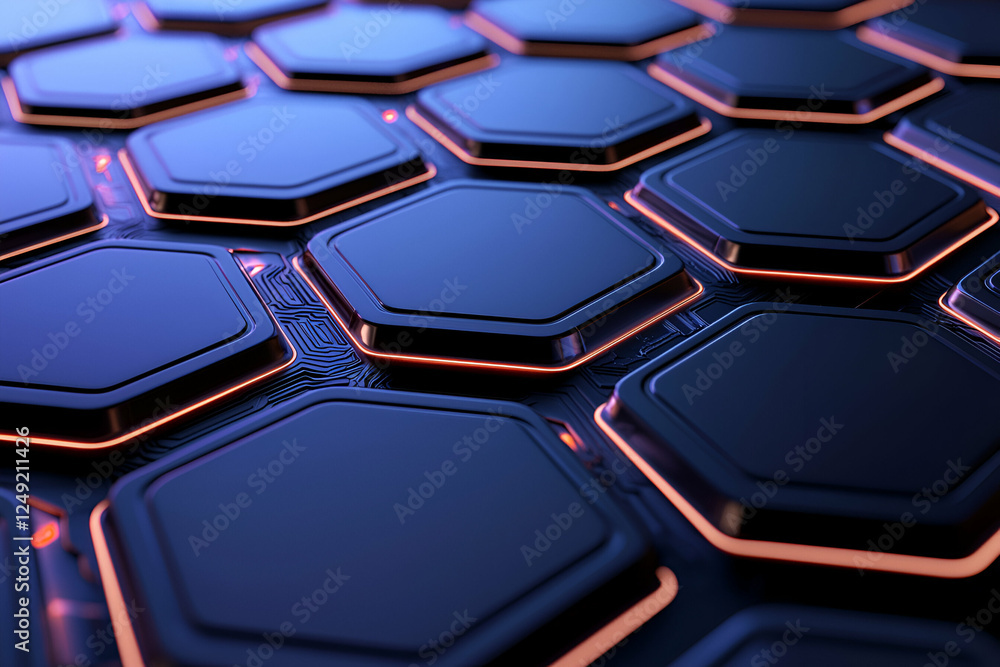 Poster a detailed close-up of hexagonal electronic components glowing softly. the design combines modern te