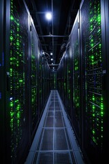 Fototapeta premium Advanced Data Center with High-Performance Servers Illuminated by Green LED Lights