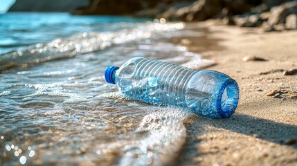 Plastic pollution empty bottles adrift in the sea beach environment captured waves amid trash