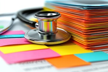 Medical Stethoscope on Colorful Sticky Notes and Documents Background