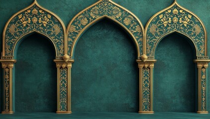 Gold arches, teal wall, Islamic design, empty space, backdrop