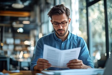 Fototapeta premium Young Professional Man Reading Documents in Modern Office with Laptop Serious Businessman in Minimalistic Design