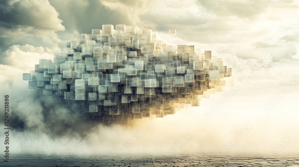 Aufkleber abstract cloud of translucent cubes floating above a misty ground.