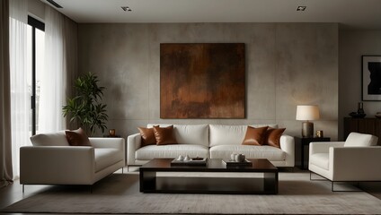 Neutral-toned living room with brown accents, abstract wall art, and a cozy sofa with decorative throw pillows