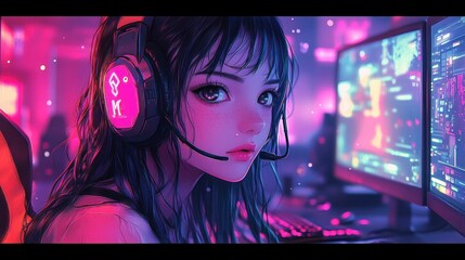 anime girl gamer in futuristic gaming room with headphones